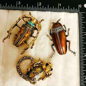 Gold tone Insect Brooch Lot 3 : Enamel Beetle, Marcasite Bug & Filigree Lizard